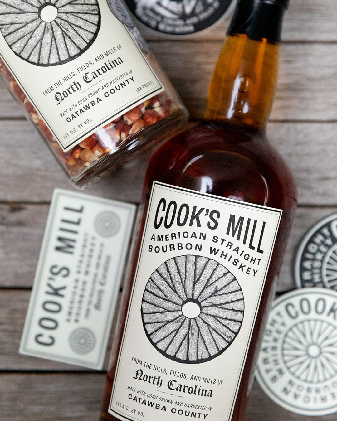 Cook's Mill American Straight Bourbon Whiskey bottle lifestyle image.